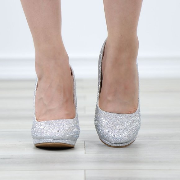 Silver Sparkly Rhinestone Glitter Diamond Platform Slip On Close Toe High Heel - Picture 11 of 16